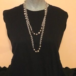 Long Faux Pearl & link chain combination necklace